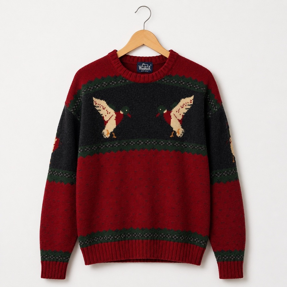 Woolrich Vintage Mallard Duck Intarsia Knit Sweater Mens Red Grey Crewneck
